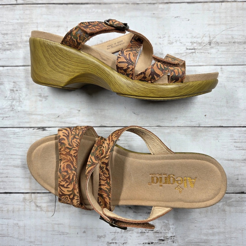 Alegria Wedge Sandal Women 37 Brown Floral Leather ROU-166 Boho Platform Strappy